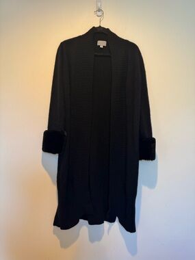 Pure Collection Cashmere Cardigan Sweater with Faux Fur Cuffs, Black, Size 6